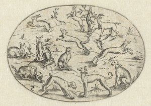 Óvalo con perros, cabras y conejos Nev Thier Bvechlein (título de la serie)