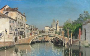 Un canal veneciano con góndolas, Santa Maria Della Salute al fondo de Martín Rico y Ortega