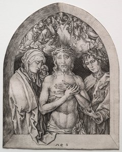 Cristo como el Hombre de Dolores entre la Virgen y San Juan de Martin Schongauer