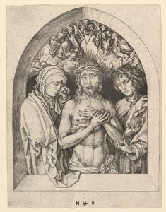 Cristo como el Hombre de Dolores con la Virgen y San Juan, ca. 1435-1491 de Martin Schongauer