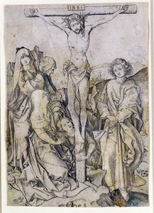 Cristo en la Cruz, con la Virgen y San Juan (grabado) de Martin Schongauer