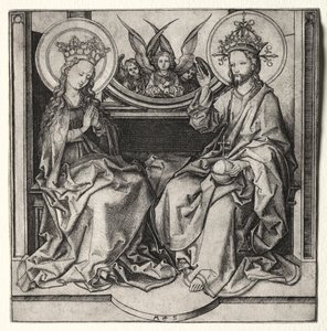 Dios Padre y la Virgen Bendita entronizados atendidos por ángeles de Martin Schongauer