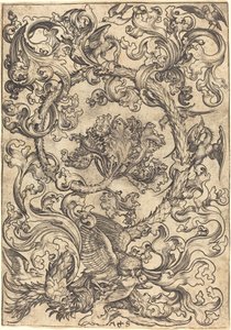Ornamento con búho burlado por aves diurnas de Martin Schongauer