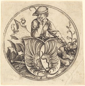 Escudo con alas, sostenido por campesino