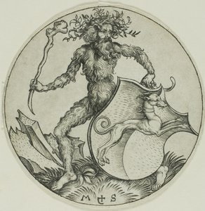 Escudo con un galgo, sujetado por un salvaje