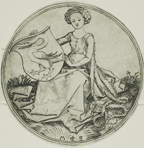 Escudo con un cisne, sostenido por una dama sentada