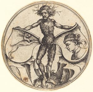 Escudos con conejo y cabeza de moro, sostenidos por hombre salvaje de Martin Schongauer