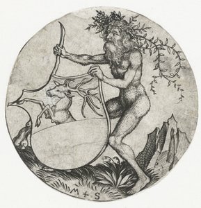 Escudo de armas con un ciervo, sostenido por un hombre salvaje con un garrote Figuras con escudos de armas (título de la serie)