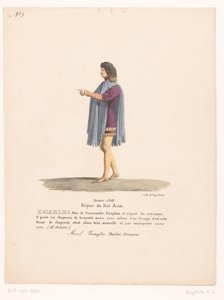 Kostuum van de delfín Karel van Valois uit de tragedie Marcel Carlos, duque de Normandía (título sobre el objeto) Theatrekostuums (título de la serie) Teatro Francés: colección de vestuario de MM. J. Alaux y L. Duponchel a partir de dibujos manuscritos en 