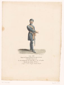 Kostuum van ridder Théobald uit de tragedie El asedio de París Theobald (título sobre el objeto) Theatrekostuums (título de la serie) Teatro Francés: colección de vestuario de MM. J. Alaux y L. Duponchel a partir de dibujos manuscritos en la Comédie Librar de Martin Sylvestre Baptiste