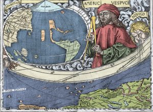 Amerigo Vespucci (1454-1512). Explorador y cartógrafo italiano en el “mapa de Waldseemuller o Cosmografía Universal - Planisferio de Waldseemuller” - 1507