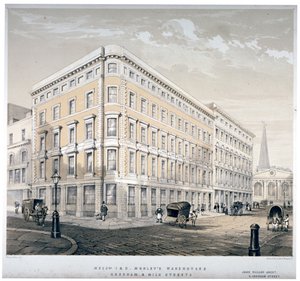 Almacenes de J&R Morley, esquina de Milk Street y Gresham Street, Londres, c1840 de Martin and Hood