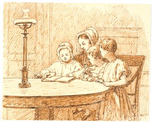 Una madre muestra un libro a tres niños de Martinus Rørbye