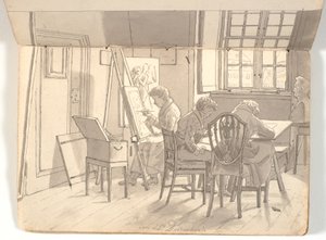 Interior de la academia con artistas pintando y dibujando de Martinus Rørbye