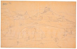 Paisaje italiano con un puente sobre un río y la ciudad de Subiaco al fondo