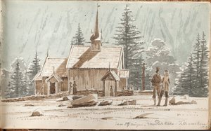 Personas en una iglesia de madera. En el fondo una ladera de Martinus Rørbye