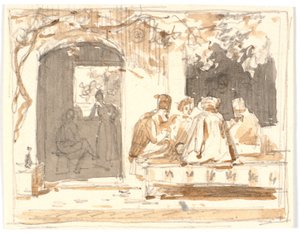 Orientales jugando al ajedrez fuera de una casa de café y barbería turca de Martinus Rørbye