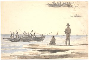 Dos barcos pesqueros navegando hacia la playa de Skagen de Martinus Rørbye