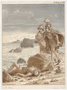Dos guerreros encuentran a un hombre varado en la playa de Martinus Rørbye