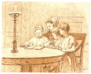 Una madre muestra un libro a tres niños