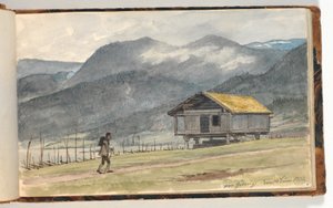 Paisaje de Montaña con Cabaña y Caminante