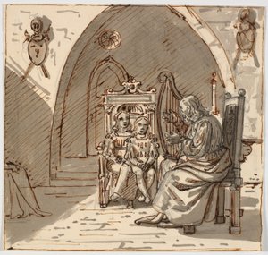 Escena "gótica". Un juglar toca el arpa para dos niños en un trono de Martinus Rørbye