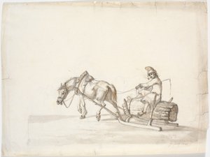 Trineo tirado por caballos con un hombre sobre un manojo de cañas [?]