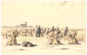 Trabajadores de la cosecha en el campo de Martinus Rørbye