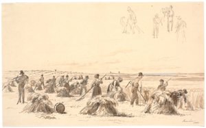 Trabajadores de la cosecha en el campo. En el fondo, molinos y el mar de Martinus Rørbye