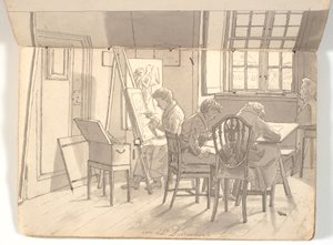 Interior de la academia con artistas pintando y dibujando de Martinus Rørbye