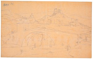 Paisaje italiano con un puente sobre un río y la ciudad de Subiaco al fondo de Martinus Rørbye