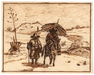 Paisaje italiano con jinete de burro y un caminante
