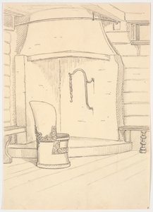 Chimenea y silla de madera redonda con respaldo