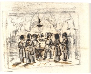 Boceto de composición con una escena medieval (?) de Martinus Rørbye