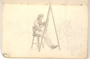 Artista en el caballete, y boceto de figuras en el fondo de Martinus Rørbye