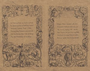 Dos cubiertas con ornamento de cadenas entrelazadas con animales para "Cincuenta fábulas para niños" con escritura de Martinus Rørbye