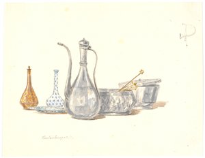 Utensilios turcos, una jarra y dos frascos
