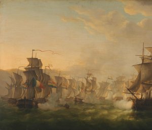 Choque de las flotas holandesa y británica durante el paso de la flotilla holandesa a Boulogne (1804) de Martinus Schouman (signed by artist)
