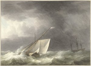 Dos veleros en mares agitados de Martinus Schouman