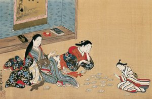 Mujeres jugando a las cartas, de Maruyama Okyo (1733-1765), pintura sobre seda en estilo ukiyo-e, Japón. de Maruyama Okyo