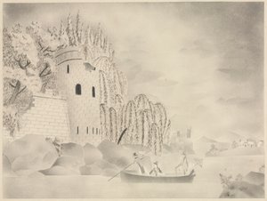 La Torre Solitaria (Castillo sobre un río con sauces y una barca)