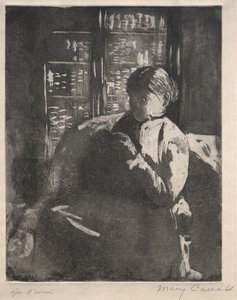 Tejiendo en la biblioteca, c. 1881 de Mary Cassatt