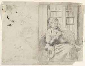 Tejiendo en la biblioteca (recto), c. 1881 de Mary Cassatt