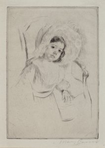 Margot con un sombrero holgado apoyada en una silla de Mary Cassatt