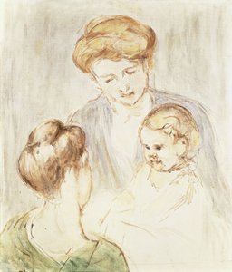 Bebé sonriente con dos niñas de Mary Cassatt