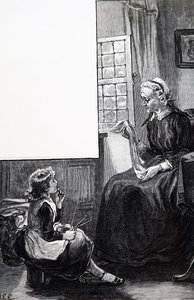 Una abuela examinando los esfuerzos de su nieto en tejer de Mary Ellen Edwards