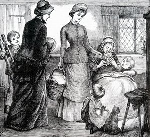 Una mujer dando regalos a un campesino pobre. Por Mary Ellen Edwards (1838-1934) una artista inglesa de Mary Ellen Edwards