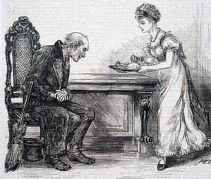 Una mujer dando una cena caliente al barrendero. Por Mary Ellen Edwards (1838-1934) una artista inglesa de Mary Ellen Edwards