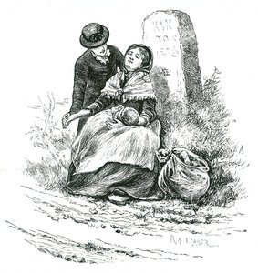 Una madre soltera indigente encontrada exhausta en su camino al asilo con su bebé. Escena reminiscente de una novela de Thomas Hardy pero no poco común en áreas rurales de todo el país. Ilustración de Mary Ellen Edwards c. 1881. de Mary Ellen Edwards