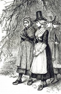 Un grabado que representa a chicas galesas en una feria de Hollantide, una feria de contratación, esperando ser contratadas como sirvientas domésticas de Mary Ellen Edwards